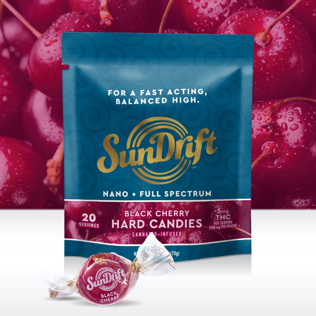 sundrift hard candy package with black cherry candy in front of package