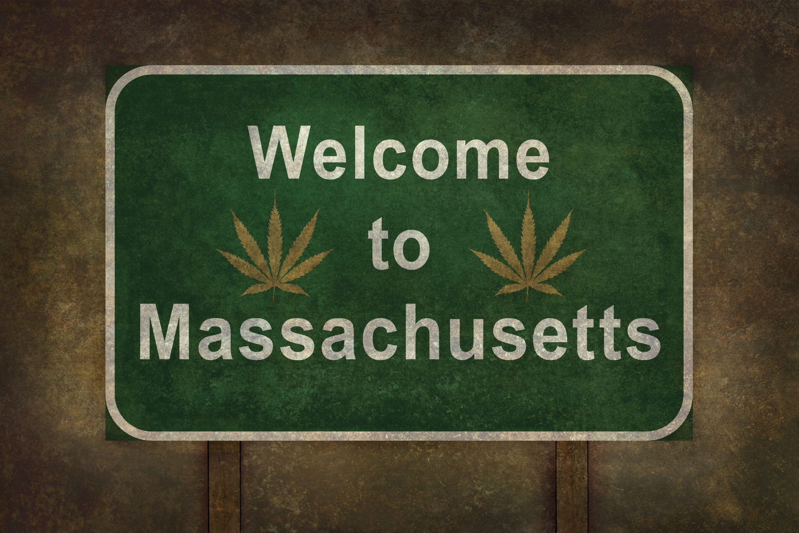 Welcome to Massachusetts with cannabis leaf road sign illustration, with distressed foreboding background